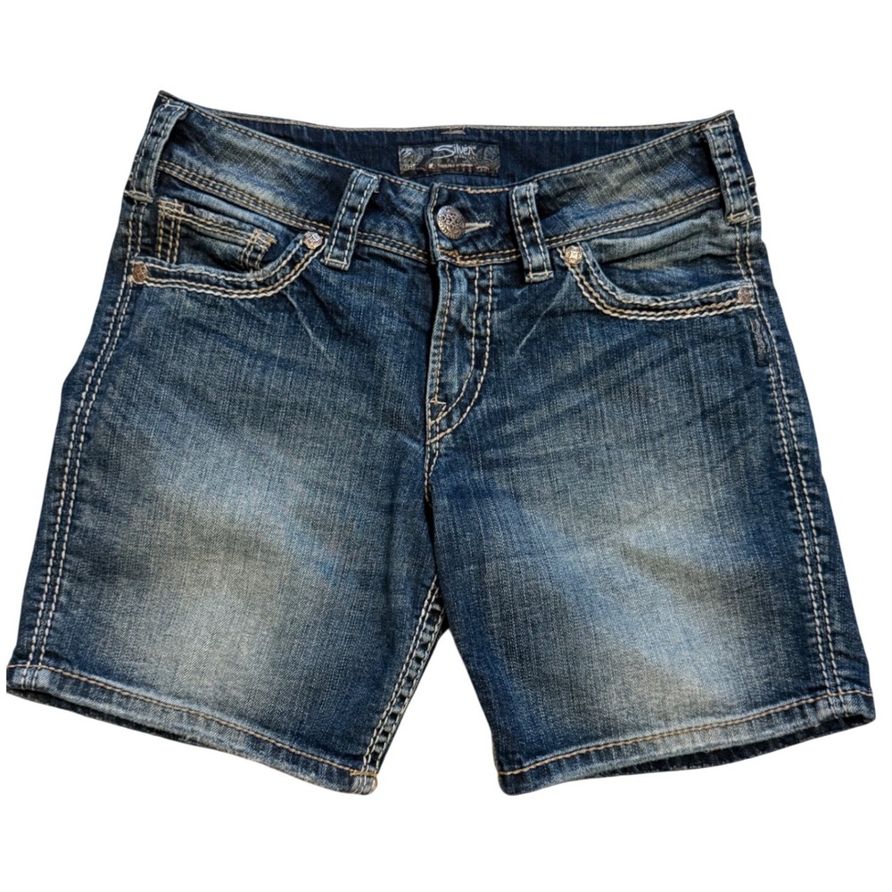Silver Jeans Co Suki Surplus Shorts Womens 28 Blue Good Distressed Flap Pocket